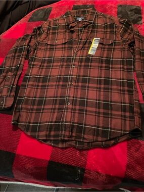George Men's Brown and Black Plaid Button-Down Shirt